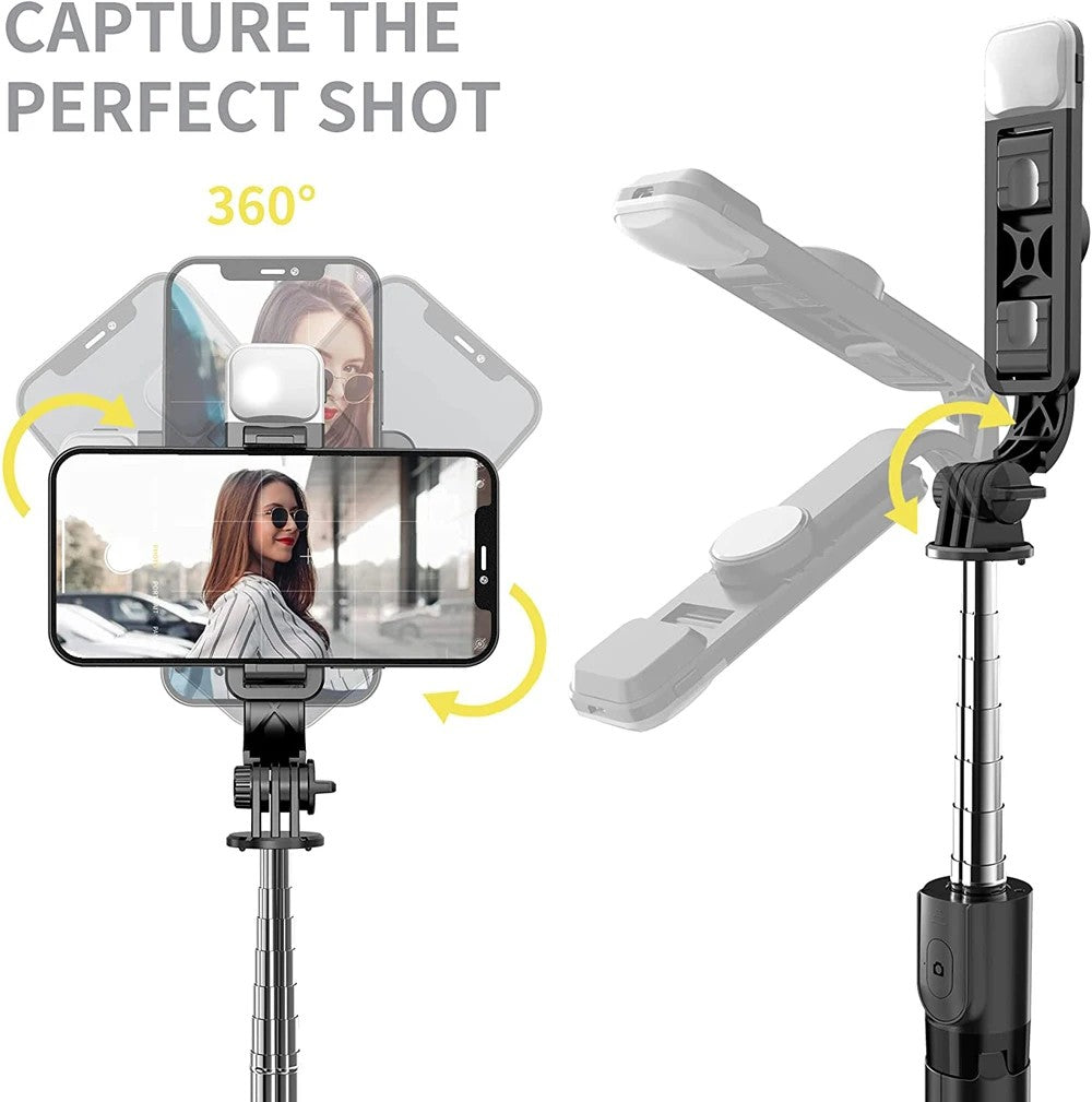 Palo de Selfie Inalámbrico con Trípode, Luz LED y Mando Bluetooth – Profesional, Compacto y Plegable