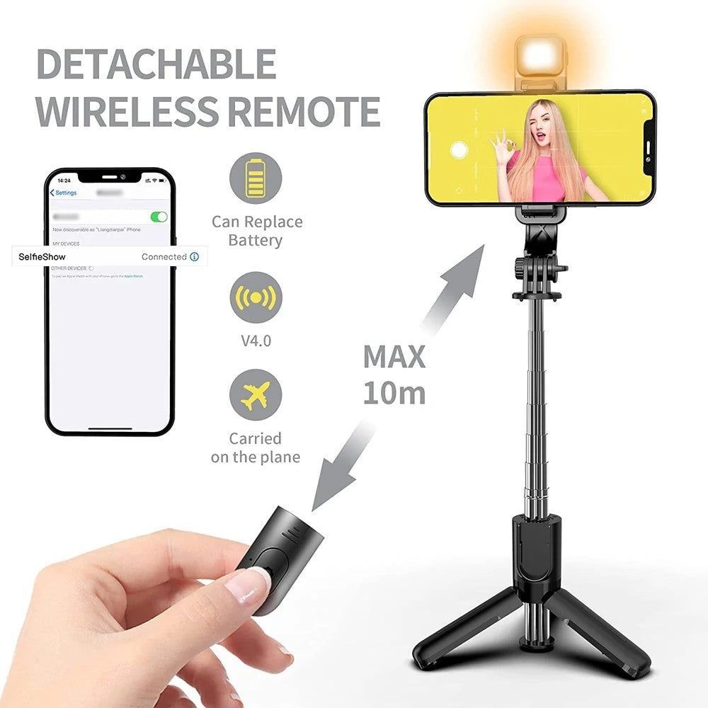 Palo de Selfie Inalámbrico con Trípode, Luz LED y Mando Bluetooth – Profesional, Compacto y Plegable