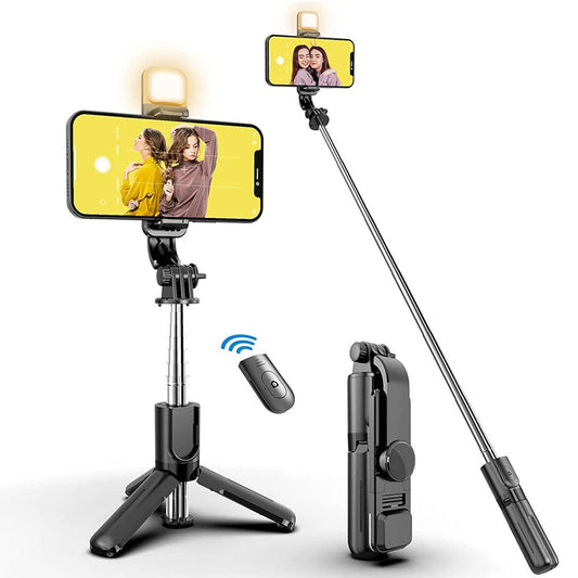 Palo de Selfie Inalámbrico con Trípode, Luz LED y Mando Bluetooth – Profesional, Compacto y Plegable
